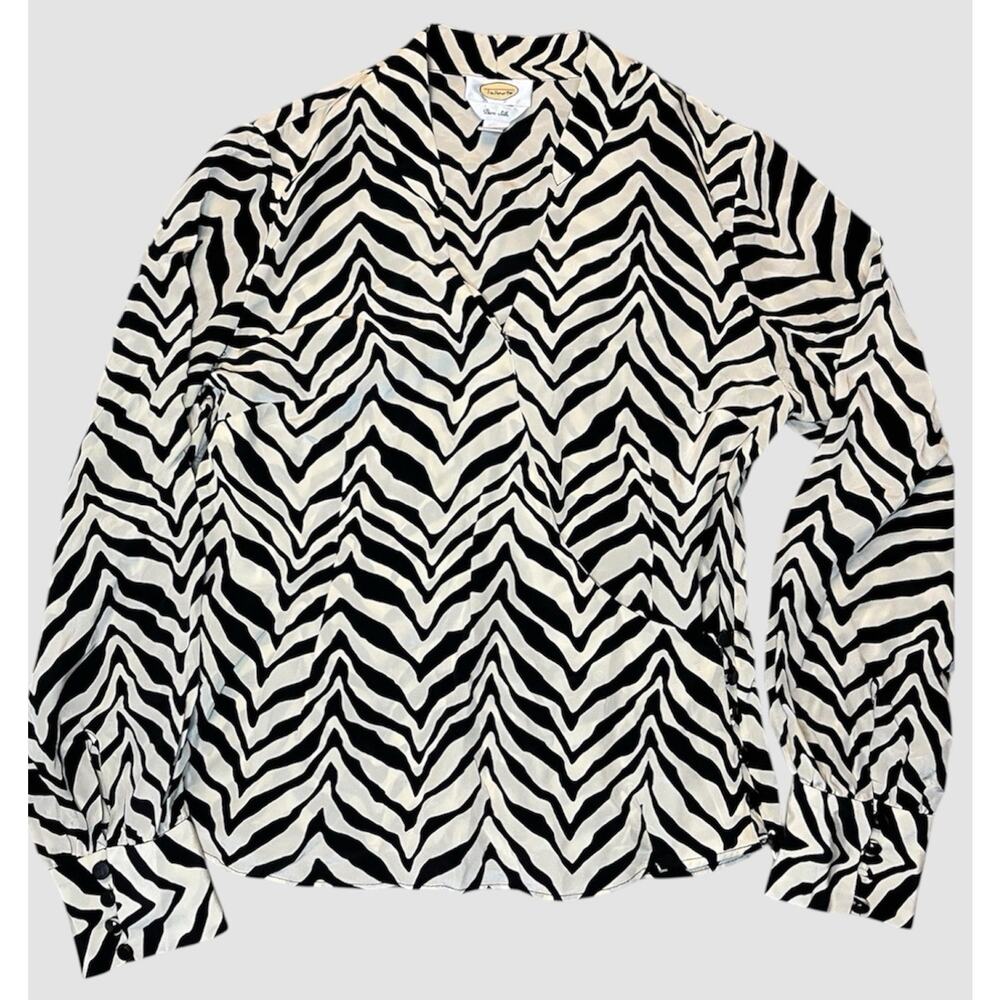 TALBOTS Women's Pure Silk Blouse Size 6 Vintage Quiet Luxury Zebra Print Office